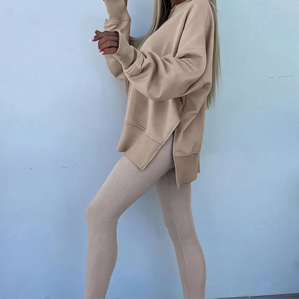 Solid Oversize Slit Sweatshirt with Ribbed Leggings Set - Picture 2 of 4